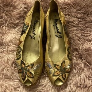 Margaret J Metallic Gold Silver Peep Toe Leather Wedge Espadrilles Size 7.5 N